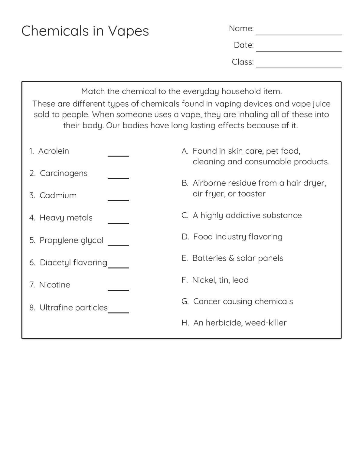 Health education matching worksheet for high school students connecting vape chemicals such as nicotine and acrolein to their effects and sources.