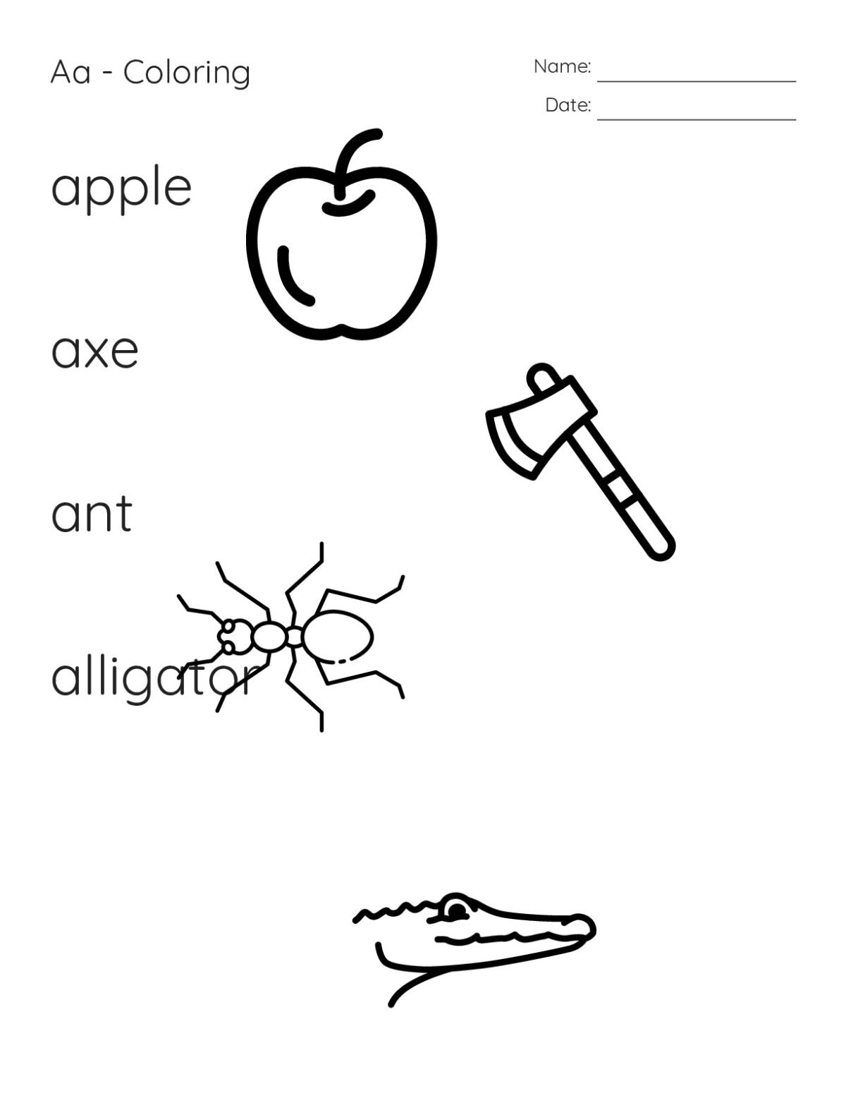 Printable 1st grade coloring worksheet with letter A words: apple, ant, axe, alligator.