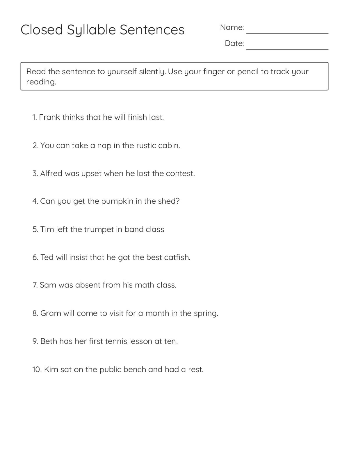 Printable 2nd grade phonics worksheet with ten closed-syllable sentences including words like finish, cabin, and contest.