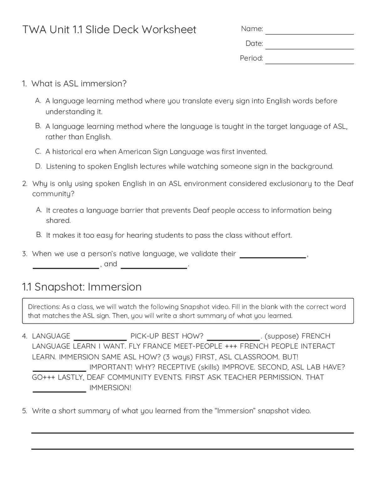 Printable ASL worksheet for Grades 9–10 with fill-in-the-blank and comprehension questions on immersion, eye gaze, and signing space.
