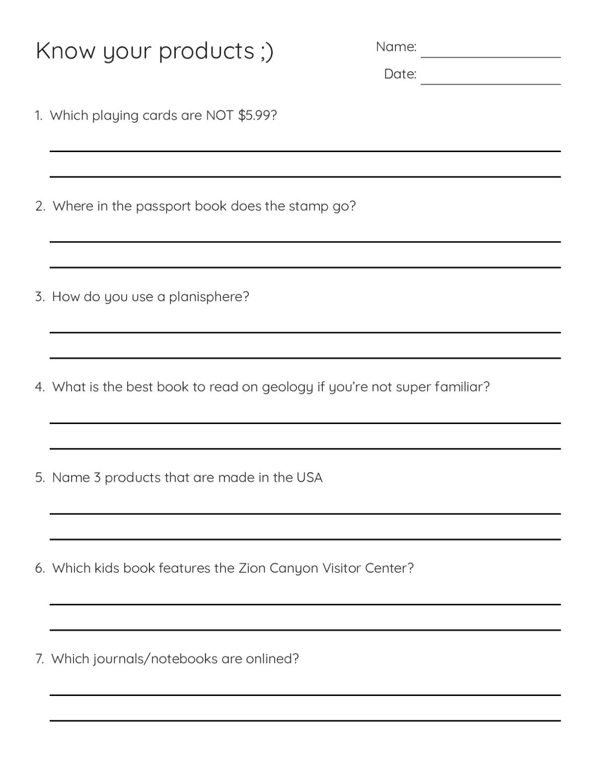 Retail product knowledge training worksheet with seven questions about playing cards, passport stamps, planispheres, and other merchandise.