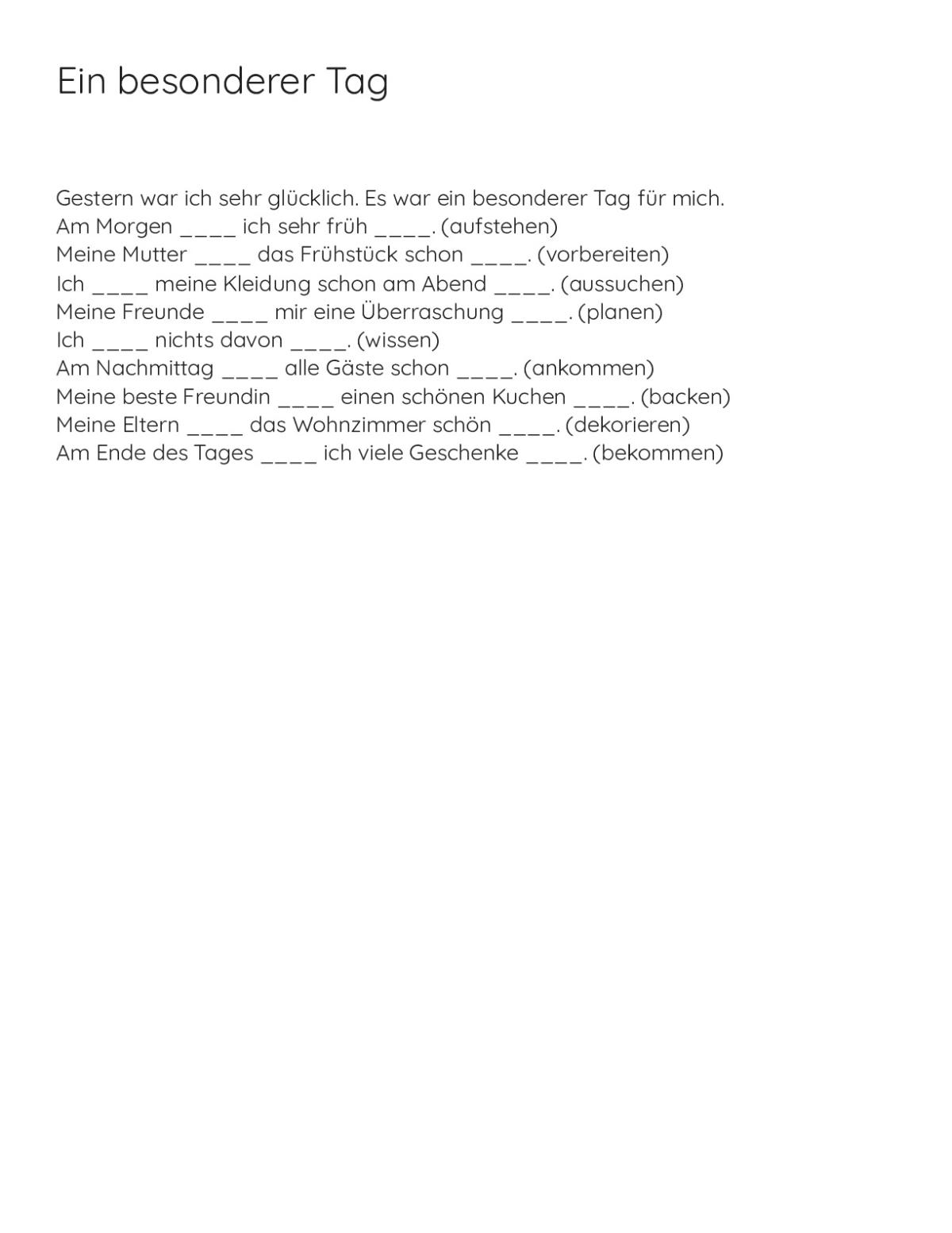 German grammar worksheet for college students with nine fill-in-the-blank sentences about a special day, practicing present perfect verb forms.