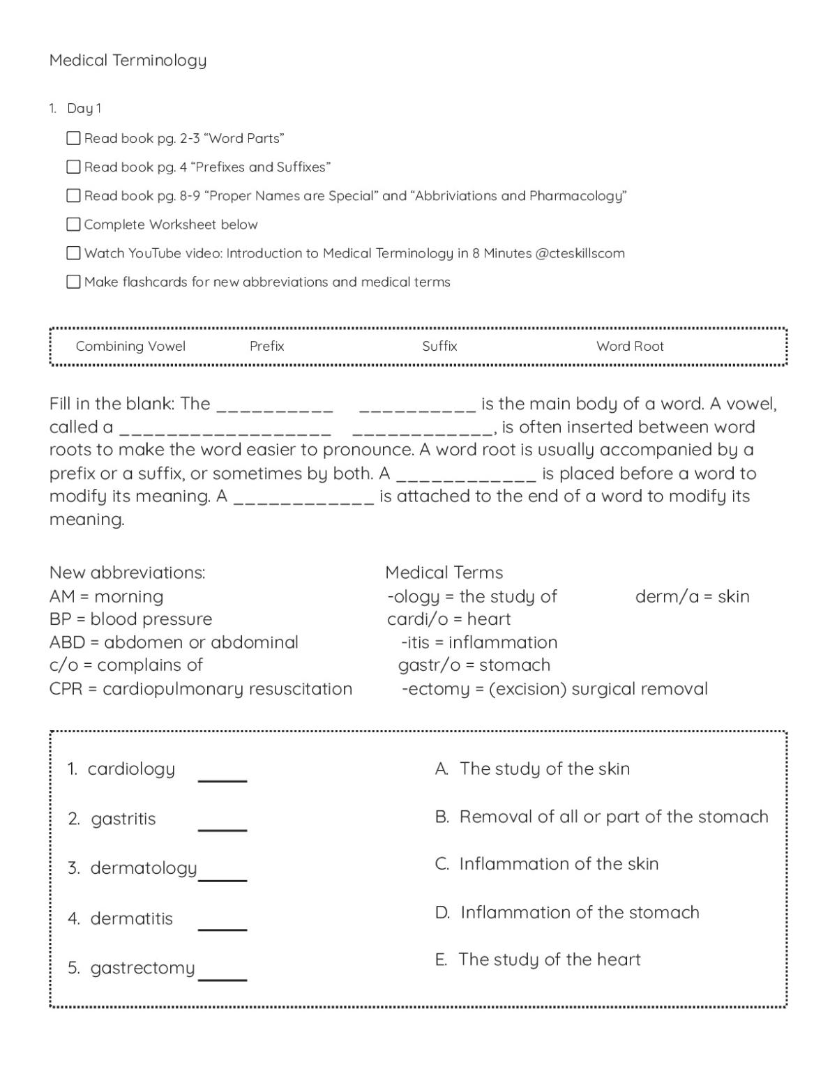 Printable medical terminology worksheet with fill-in-the-blank practice on prefixes, suffixes, word roots, and medical abbreviations.