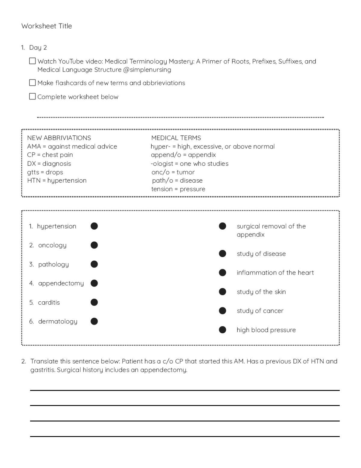 Medical terminology worksheet with abbreviations, prefixes, suffixes, and practice translating patient-chart language.