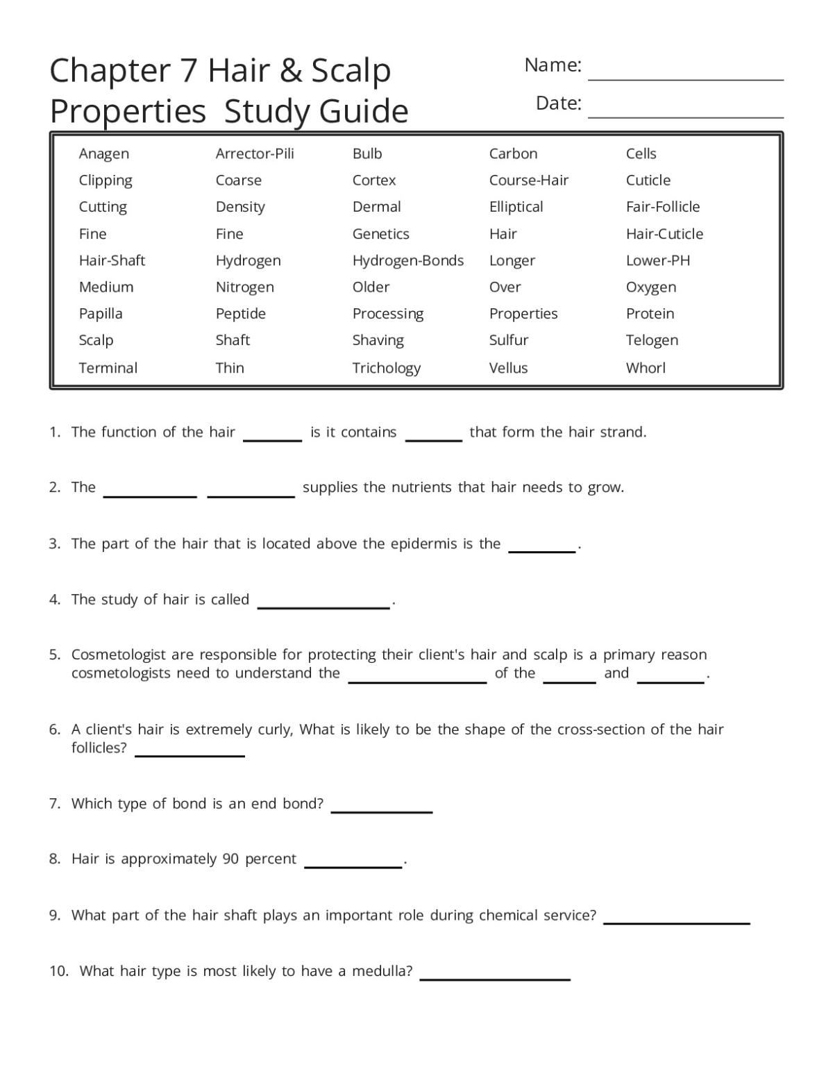 Cosmetology study guide with fill-in-the-blank questions on hair structure, growth cycles, and scalp properties, with answer word bank.