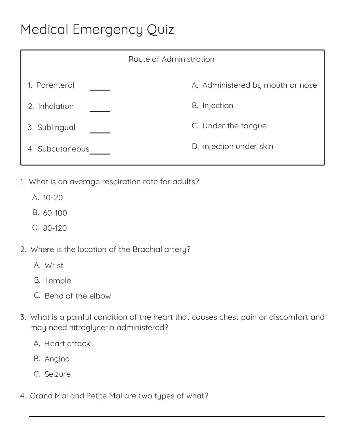 Medical emergency quiz with questions on vital signs, clinical terminology, and emergency response for healthcare professionals.