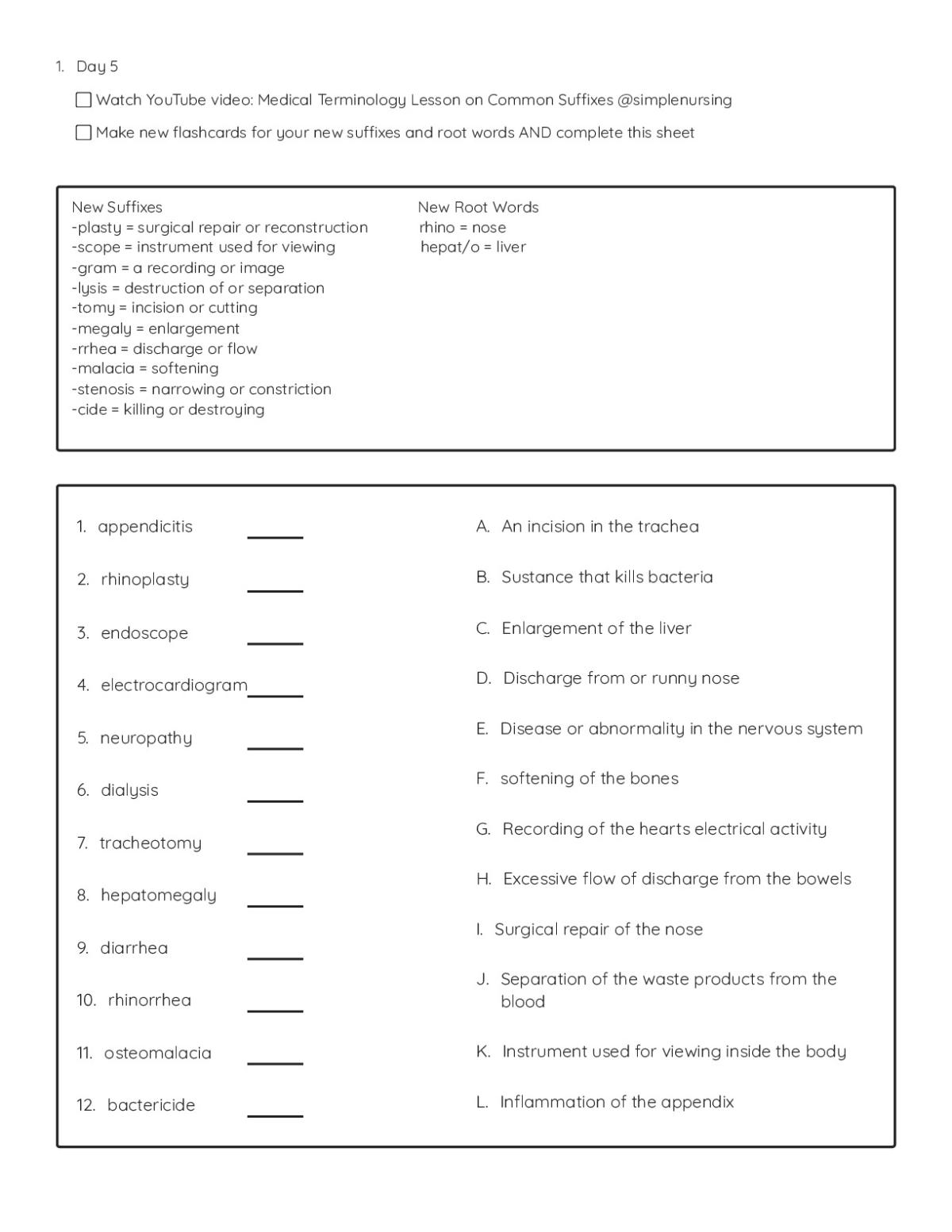 Medical terminology checklist showing common suffixes and root words with 12 clinical terms and their definitions for healthcare training.
