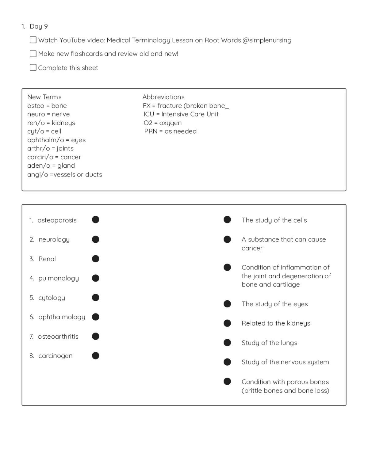 Medical terminology worksheet with healthcare root words, medical abbreviations, and health-related vocabulary terms.