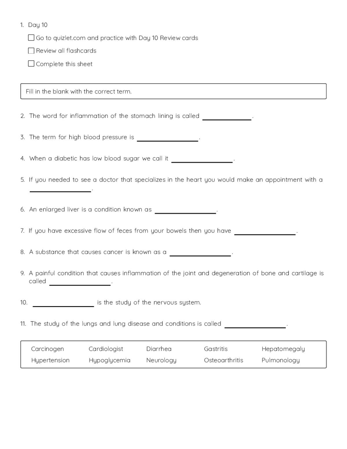 High school medical terminology worksheet with 10 fill-in-the-blank questions on health conditions, specialists, and anatomical terms.