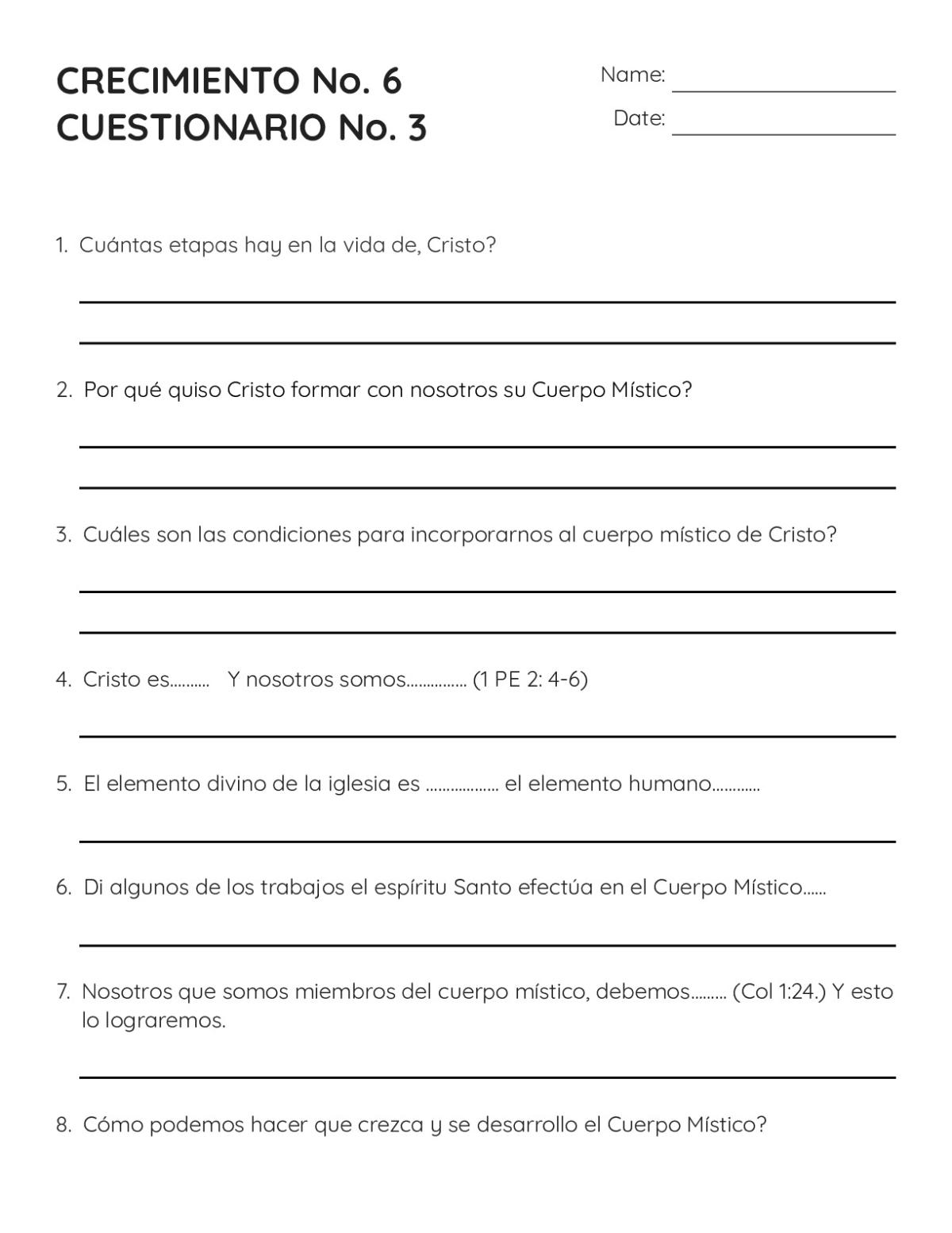 Printable religious education questionnaire on the Mystical Body of Christ with ten questions on Christian theology and scripture.