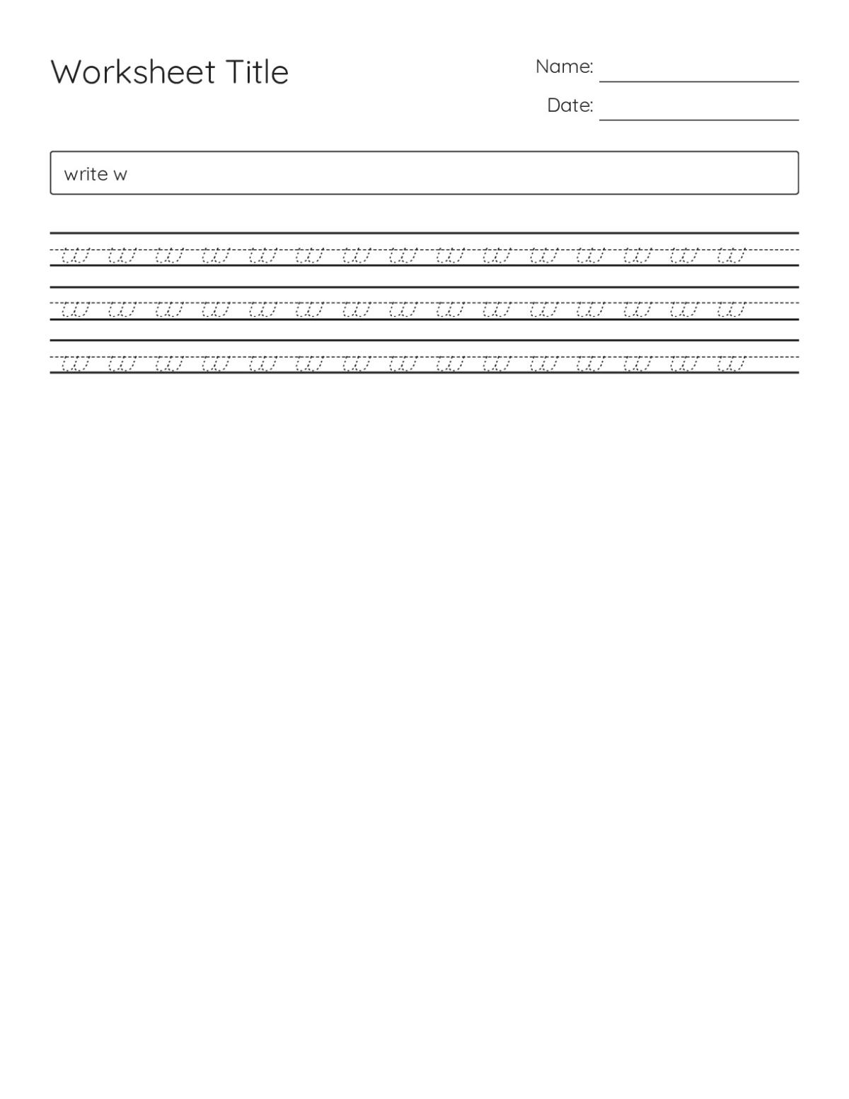 Handwriting practice worksheet for Pre-K through 1st grade with rows of letter W for students to trace.