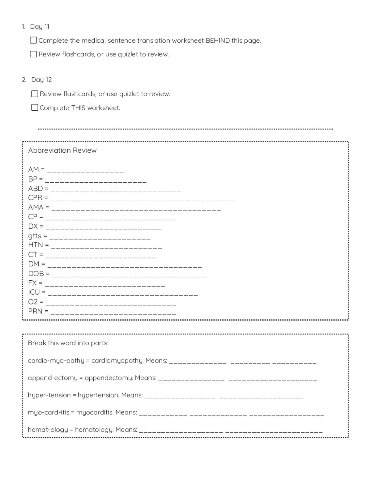 Medical terminology worksheet with abbreviations like CPR and HTN, and word-part decomposition practice for healthcare terms.