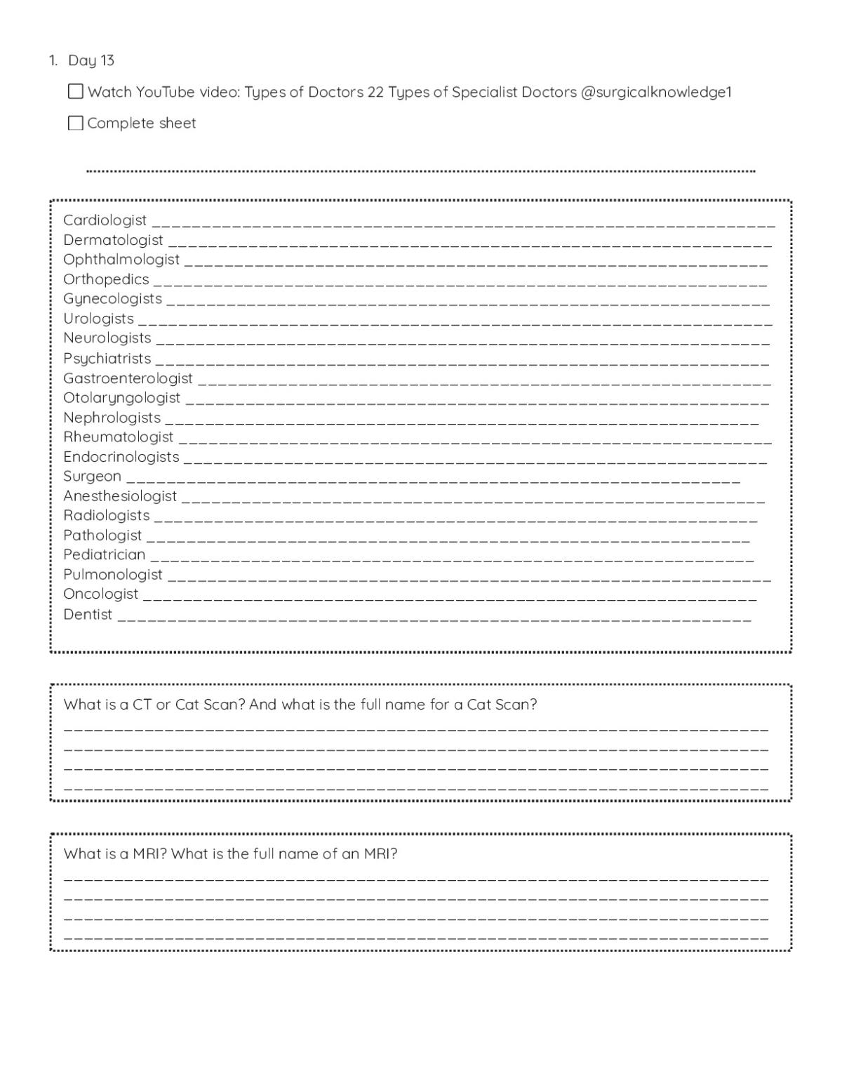 Printable science worksheet for high school students listing medical specialties including cardiologist, dermatologist, and neurologist.
