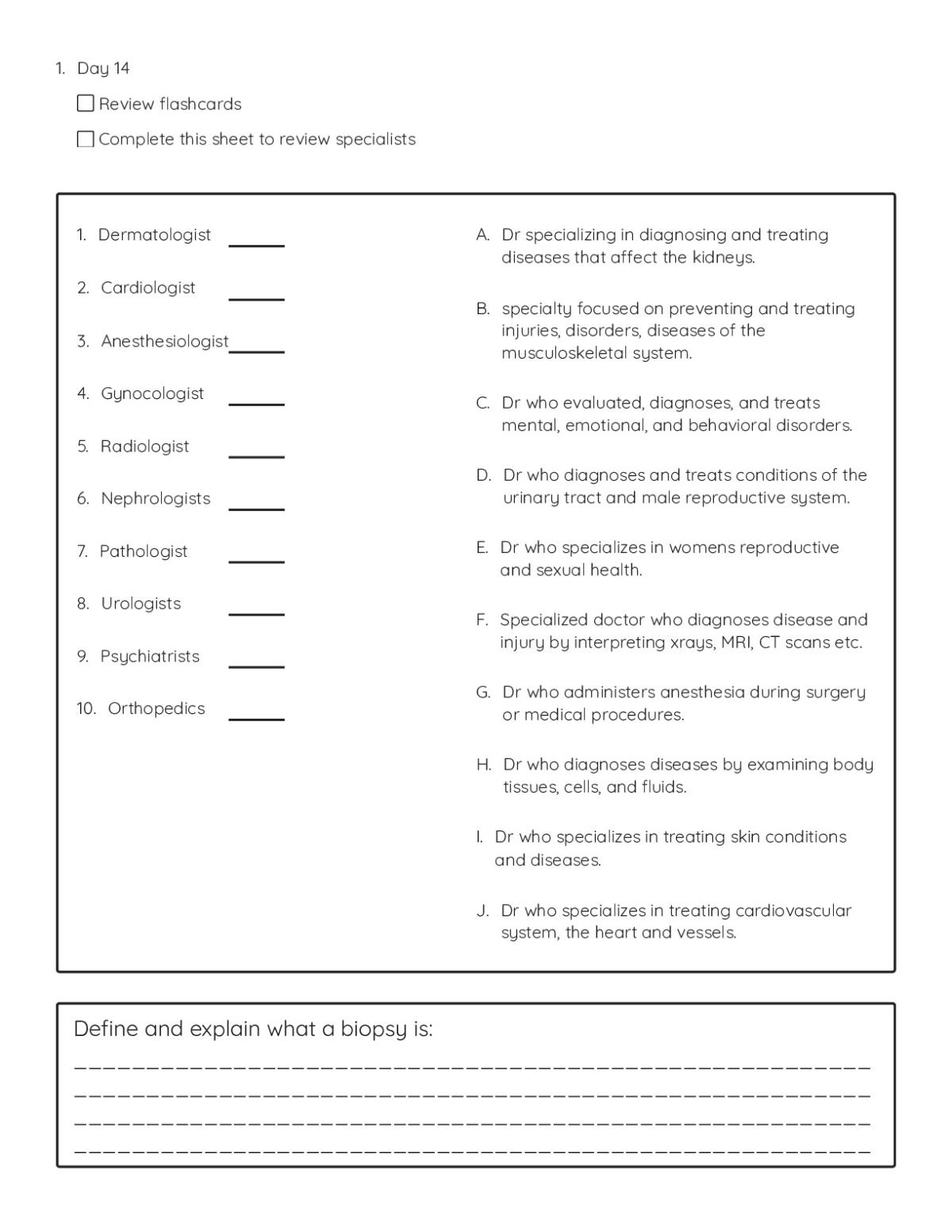 Health science worksheet listing ten medical specialists including dermatologists, cardiologists, radiologists, and pathologists with a biopsy definition prompt.