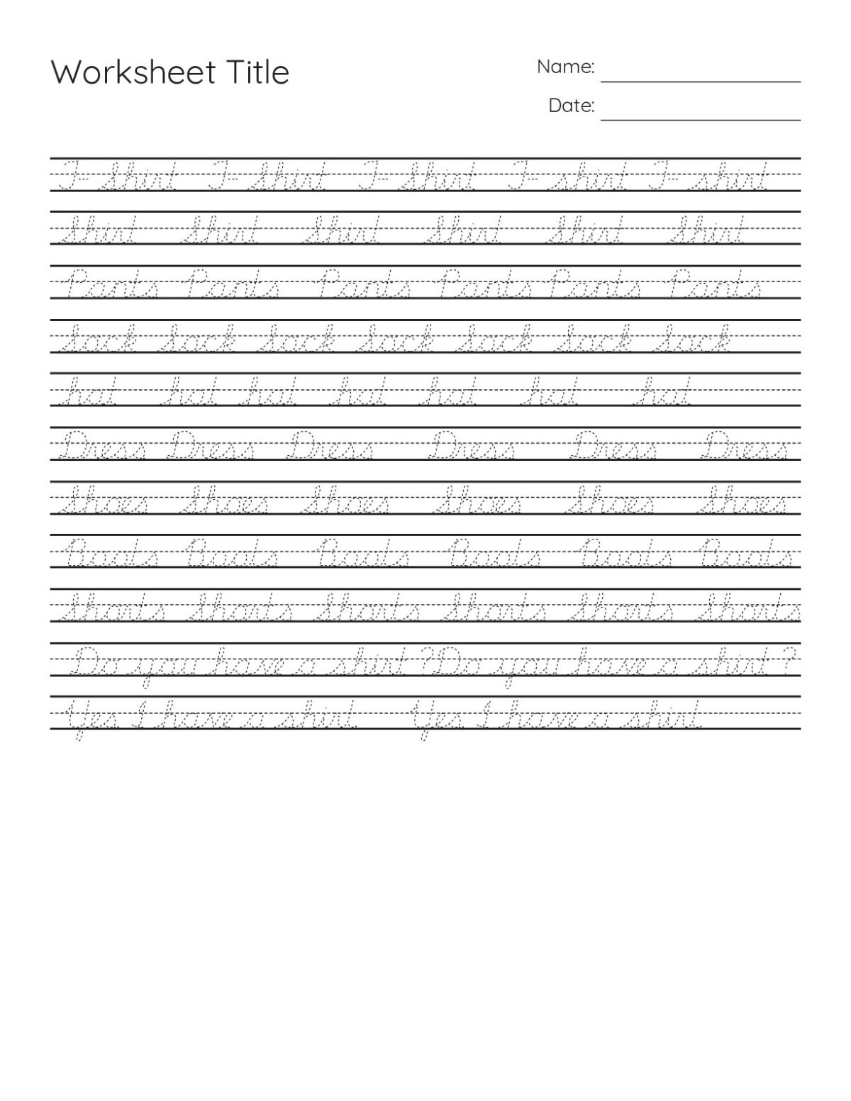 Printable 5th grade handwriting practice worksheet with clothing words like shirt, pants, and shoes traced multiple times.