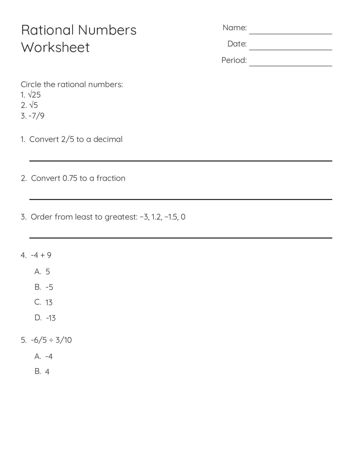 Printable 7th grade math worksheet with problems on rational numbers, converting fractions to decimals, and ordering negative numbers.