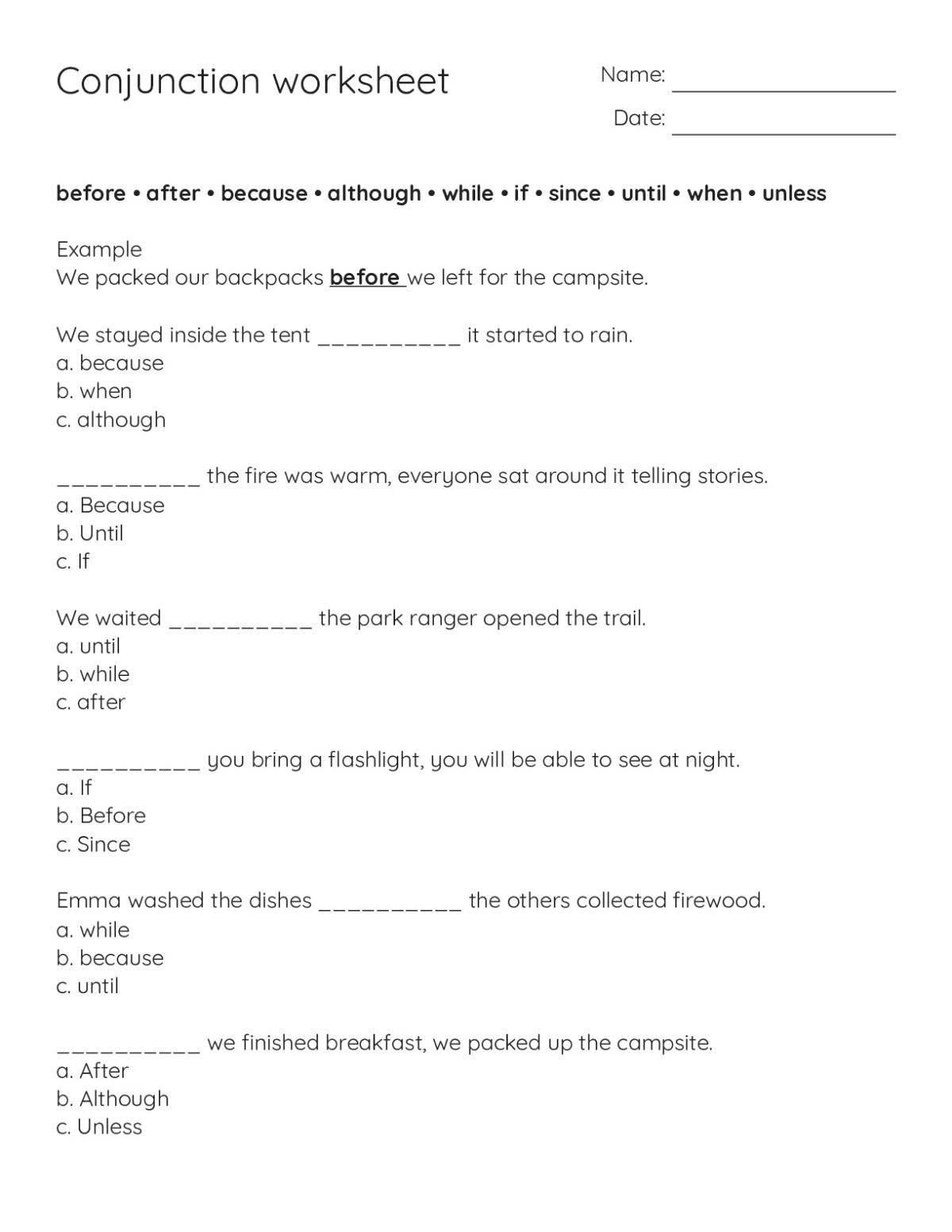 Printable grammar worksheet with subordinating conjunctions practice, including fill-in-the-blank and multiple-choice sections on a camping theme.