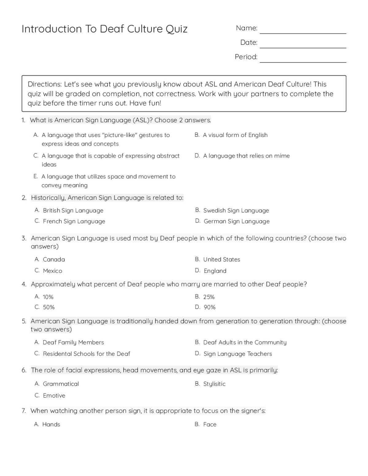 Printable quiz on American Sign Language and Deaf culture for Grades 9 and 10, with multiple-choice questions on ASL history and community values.