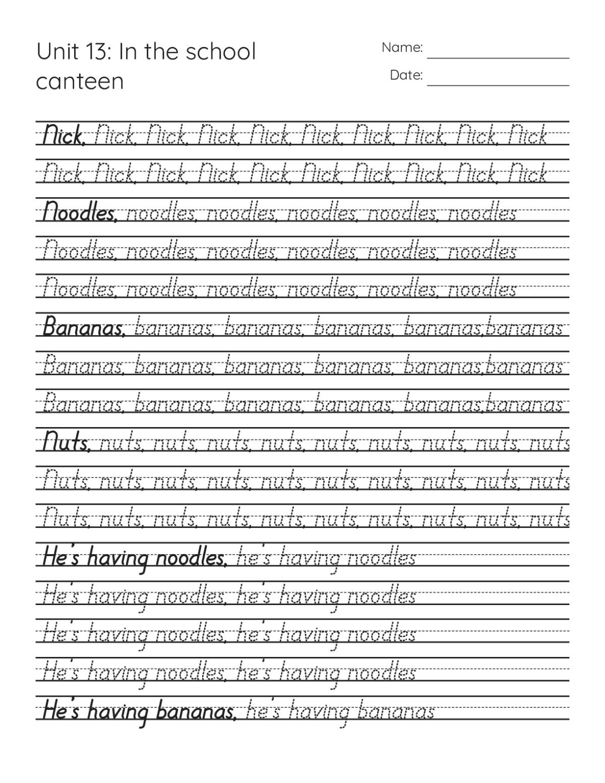 Printable 1st grade handwriting worksheet with words and sentences about food in the school canteen.