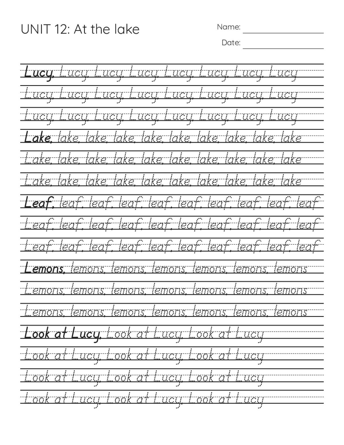 1st grade handwriting worksheet with tracing lines for lake-themed words like Lucy, lake, leaf, and lemons.