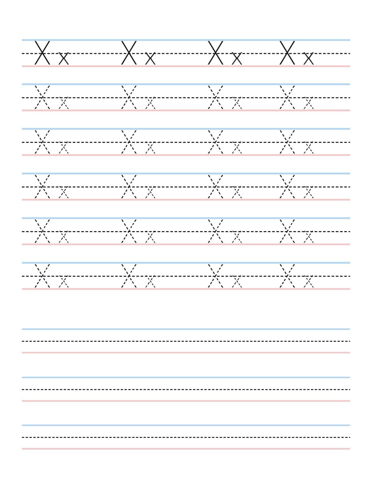 Pre-K handwriting worksheet showing uppercase and lowercase X letters and blank practice lines for letter formation.