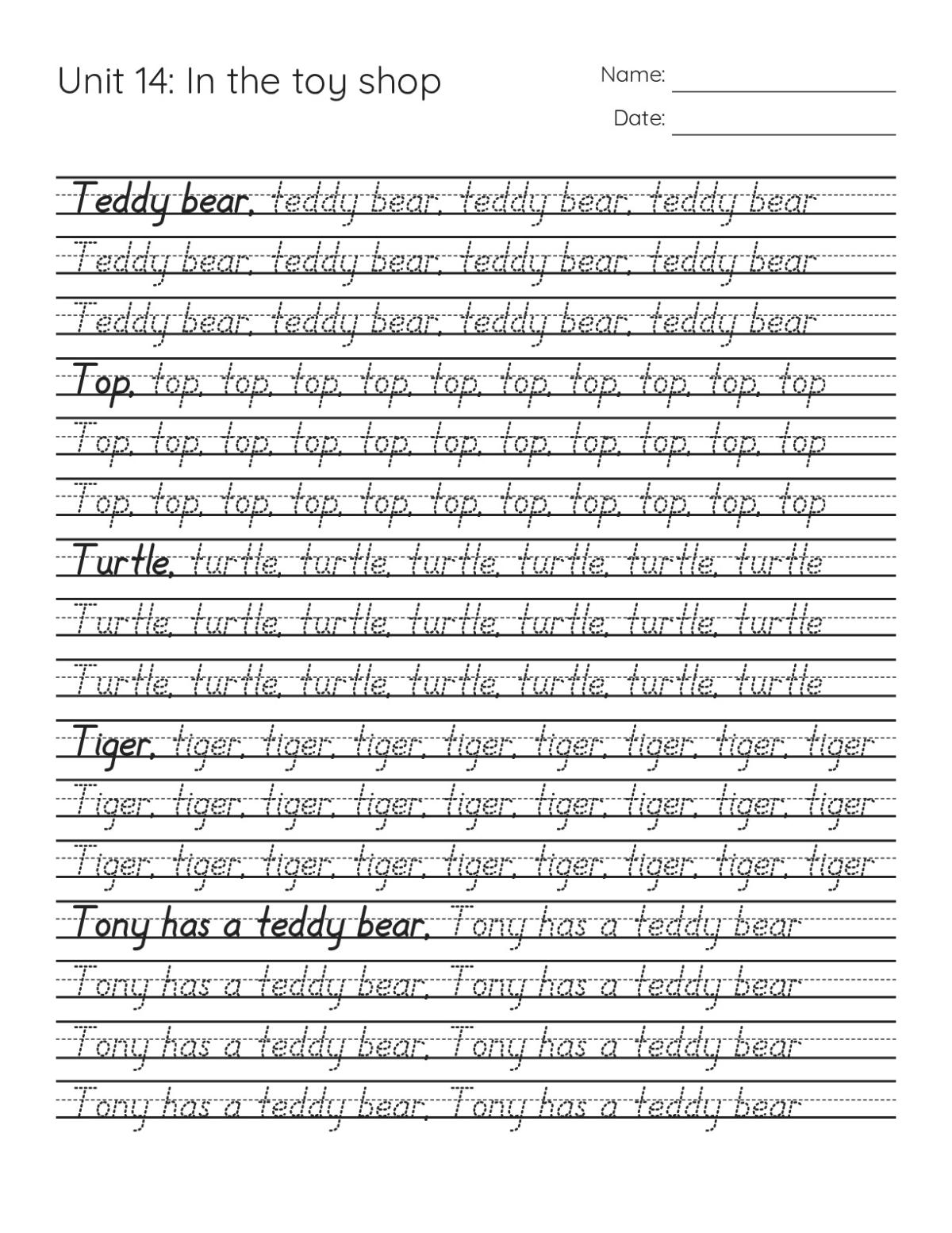 Printable 1st grade handwriting worksheet with toy shop words like teddy bear, top, turtle, and tiger for tracing and copying practice.