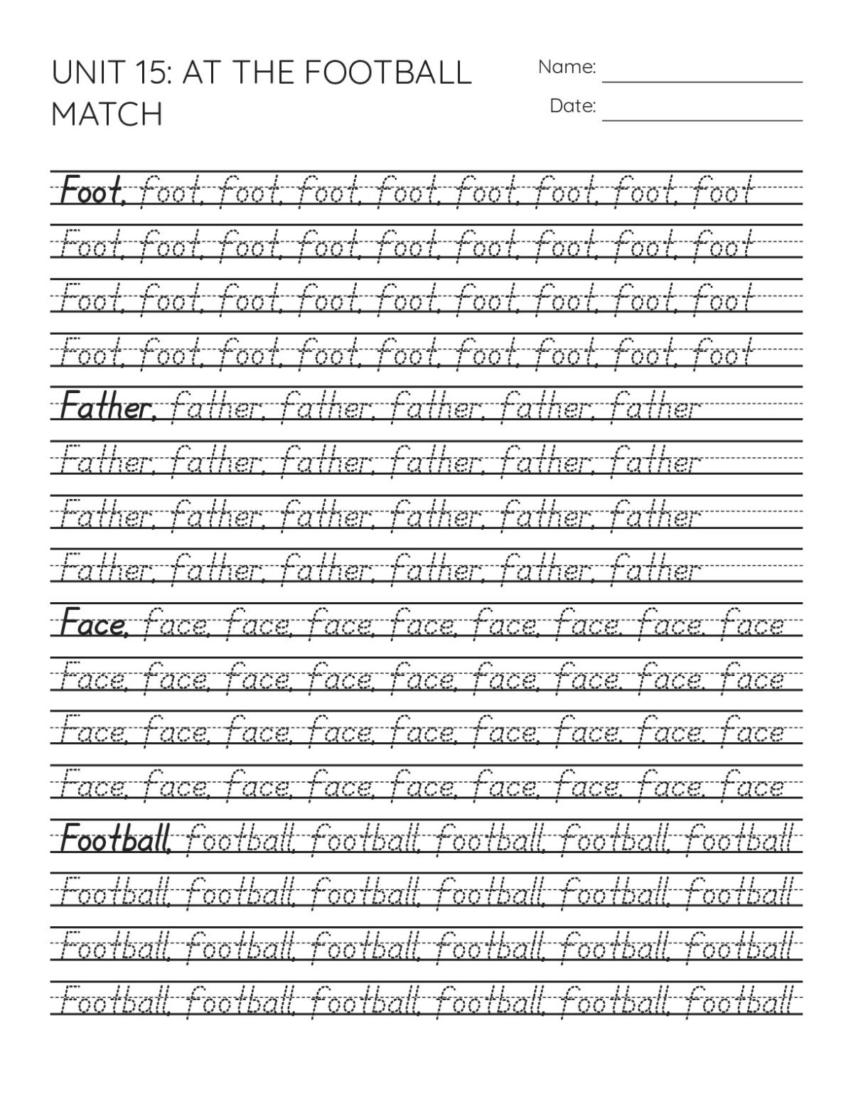 Printable 1st grade handwriting worksheet with practice lines for the words foot, father, face, and football.