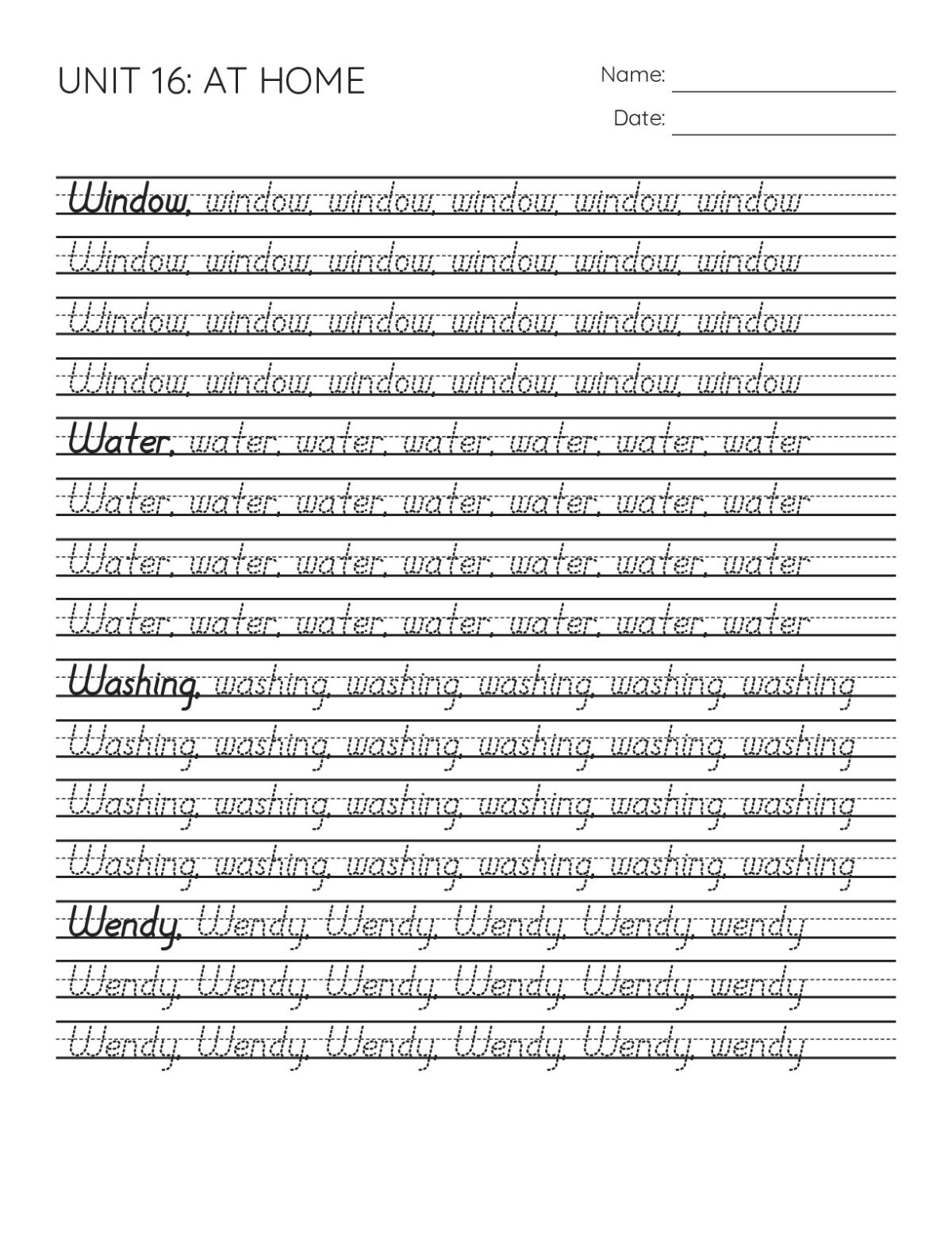 Printable 1st grade handwriting worksheet with traced lines for the words window, water, washing, and Wendy.