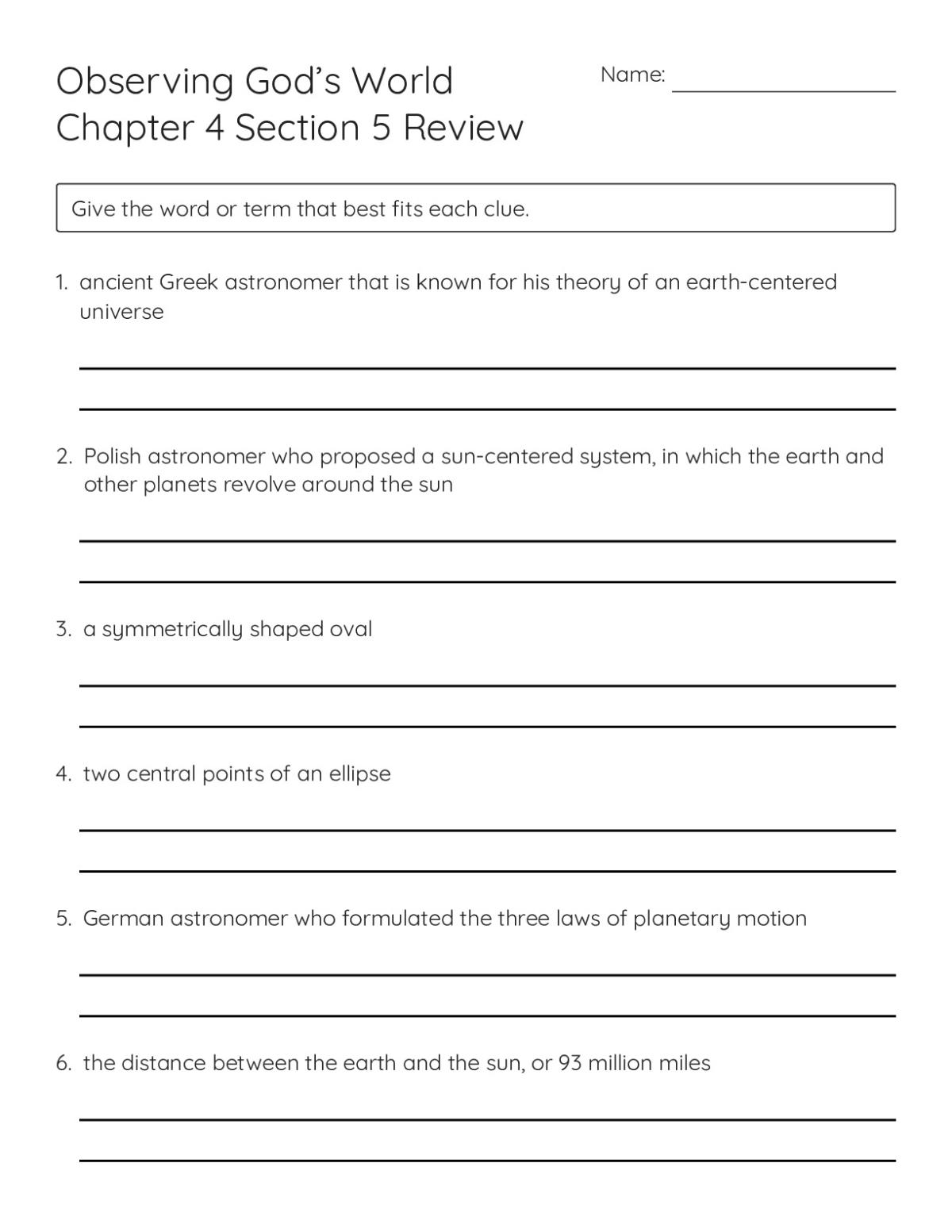 Printable 6th grade astronomy review worksheet with questions on astronomers, ellipses, and planetary motion laws.