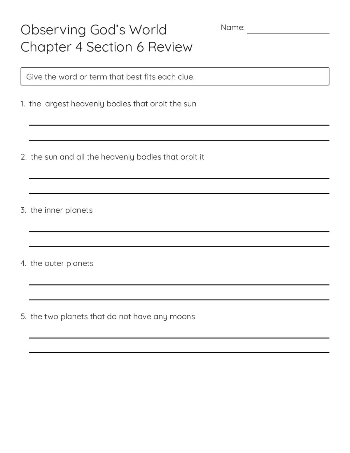 6th grade astronomy worksheet with five vocabulary clues about planets, the solar system, and moons.