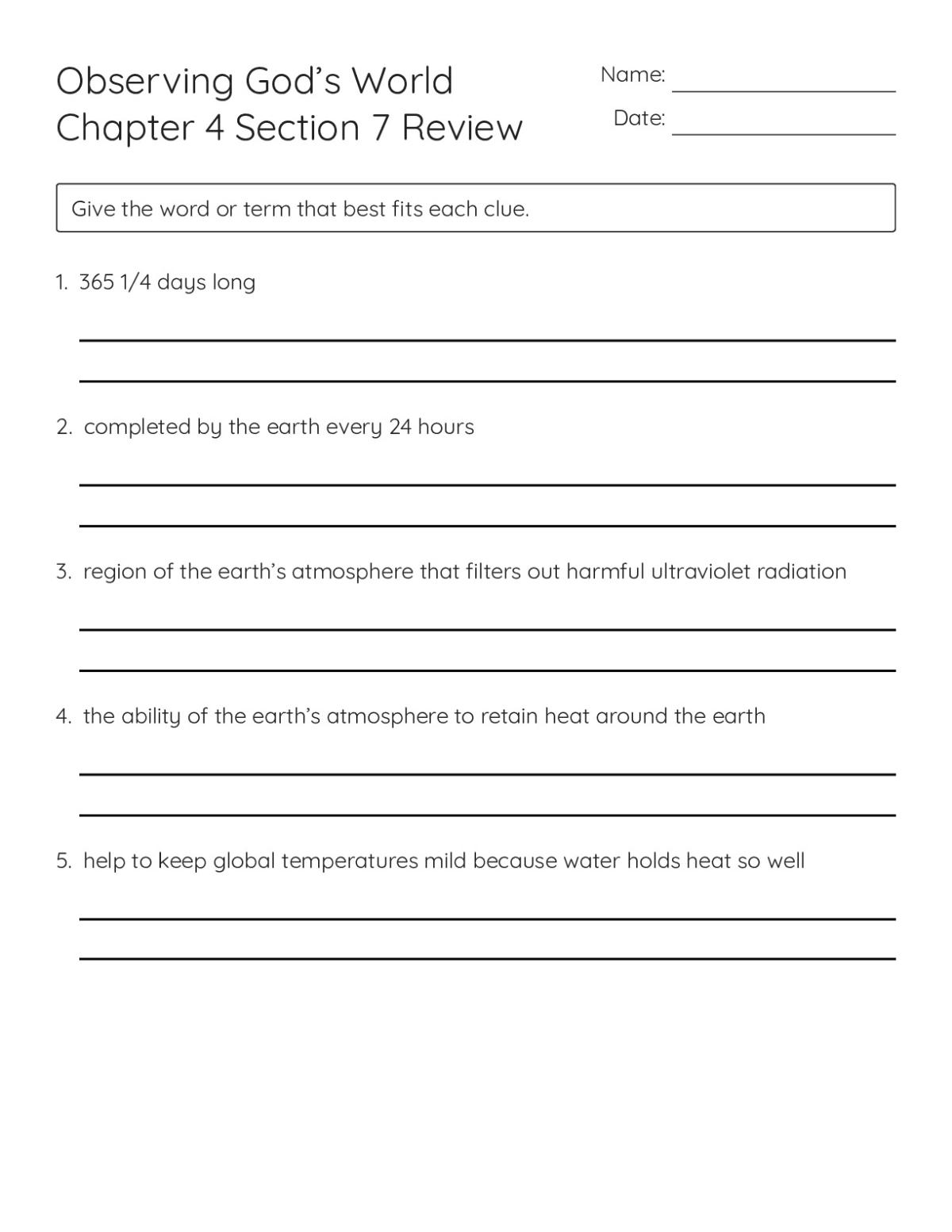 6th grade earth-science vocabulary worksheet with five clues about Earth's atmosphere, ozone layer, and climate systems.