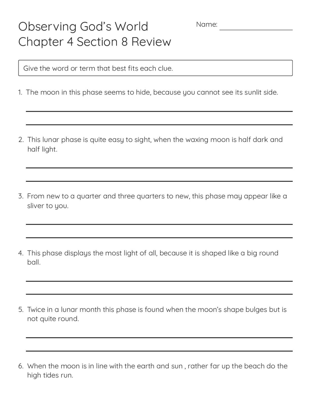 Printable 6th grade science worksheet with riddles about moon phases and tides, plus short-answer questions about eclipses.