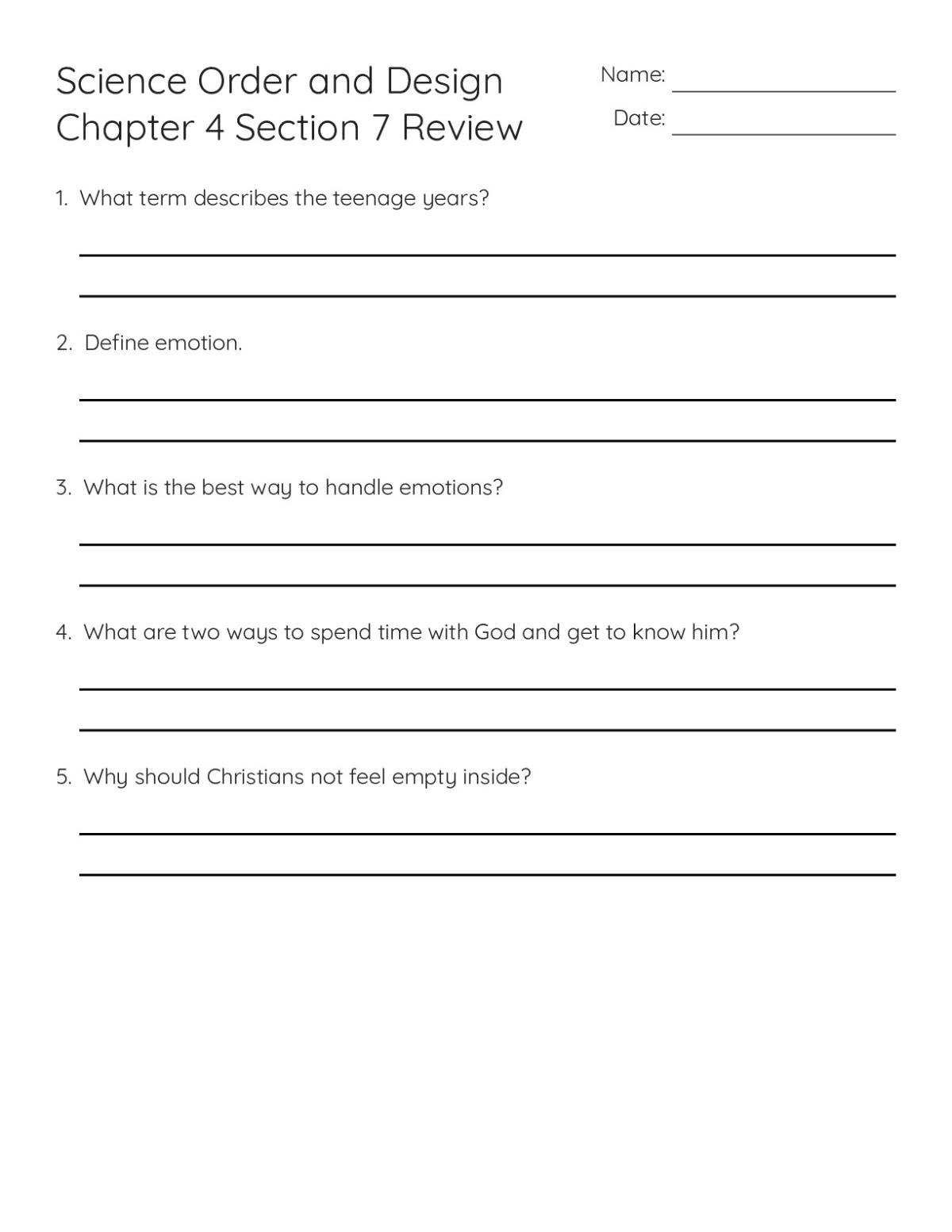 Printable Grade 7 religious education review worksheet with five questions on adolescence, emotions, and Christian faith.