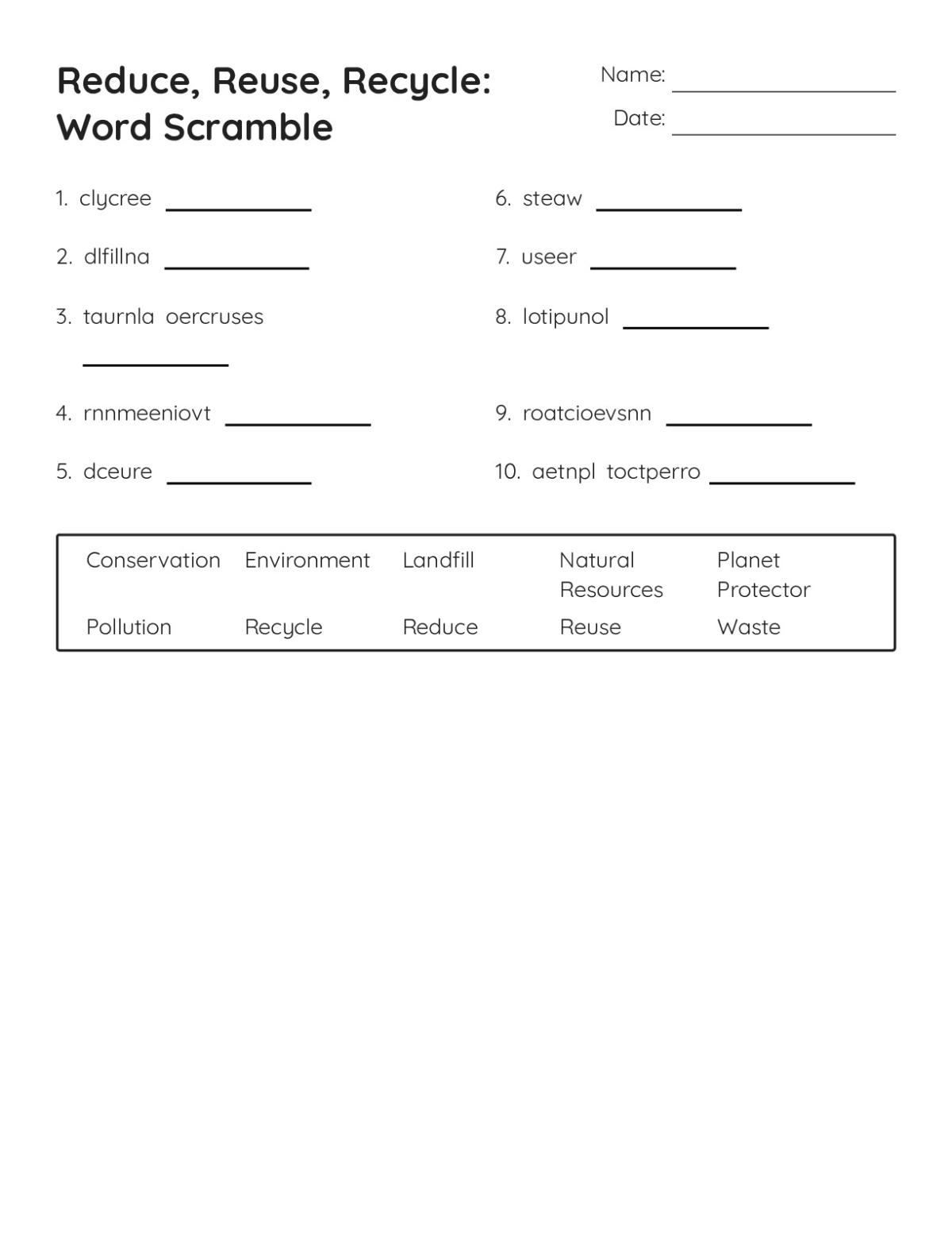 Printable environmental science word-scramble worksheet for Grades 2–5 with recycling vocabulary including waste, landfill, and conservation.