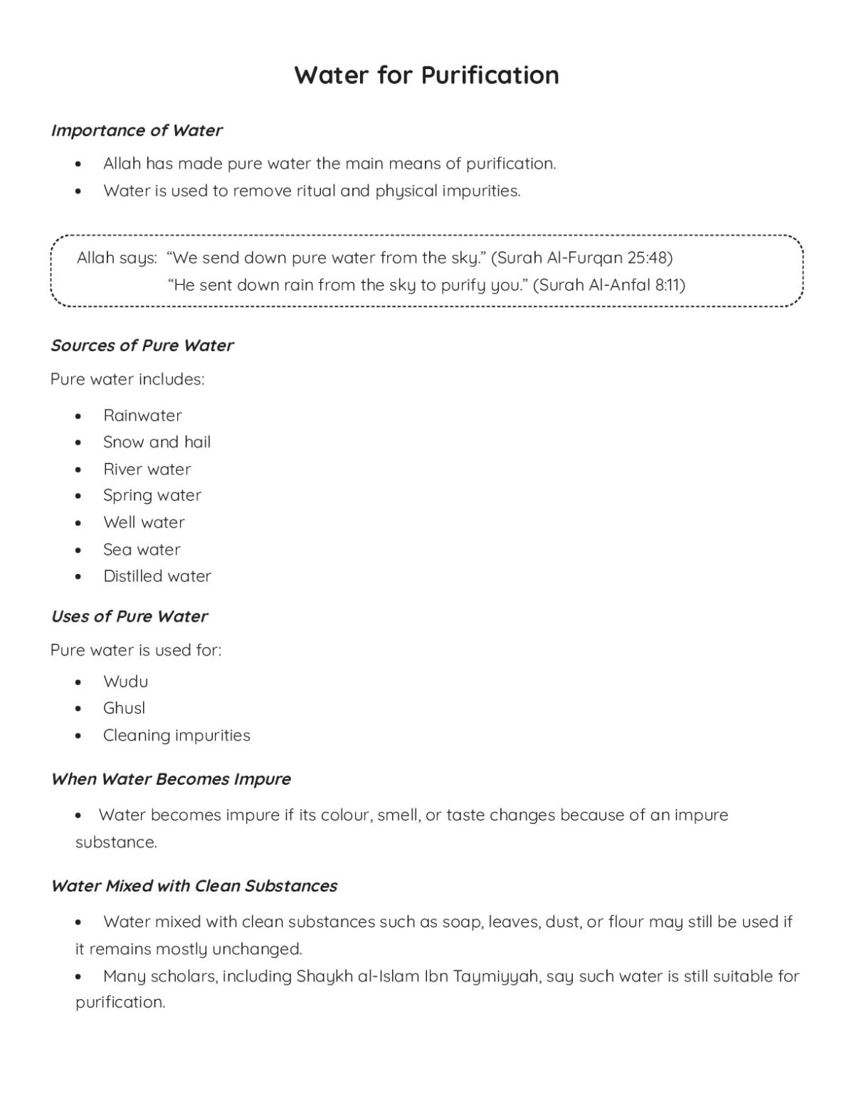 Islamic studies worksheet on water purification covering wudu, ghusl, and pure water sources with scenario-based questions.