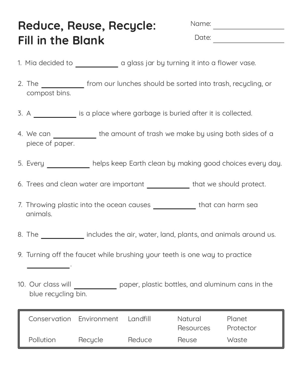 Fill-in-the-blank worksheet on recycling and conservation with vocabulary word bank for elementary students.