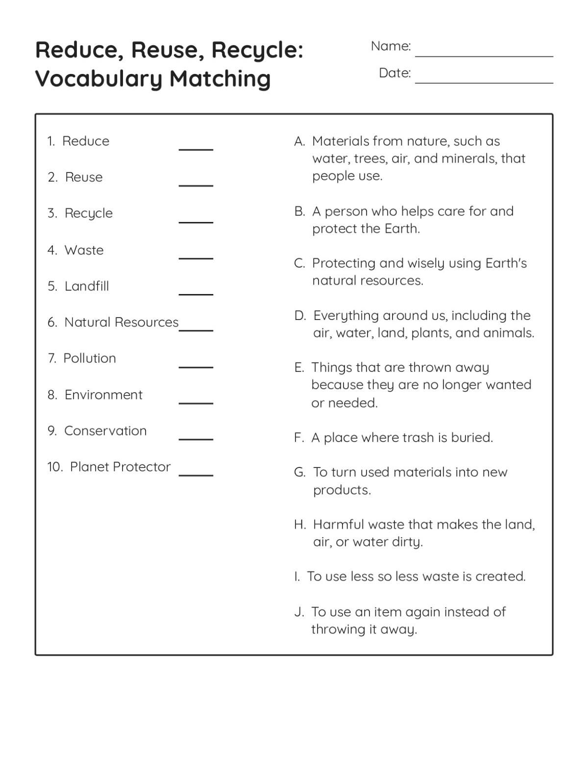 Printable environmental vocabulary matching worksheet for Grades 2–5 with terms like reduce, reuse, recycle, and natural resources.