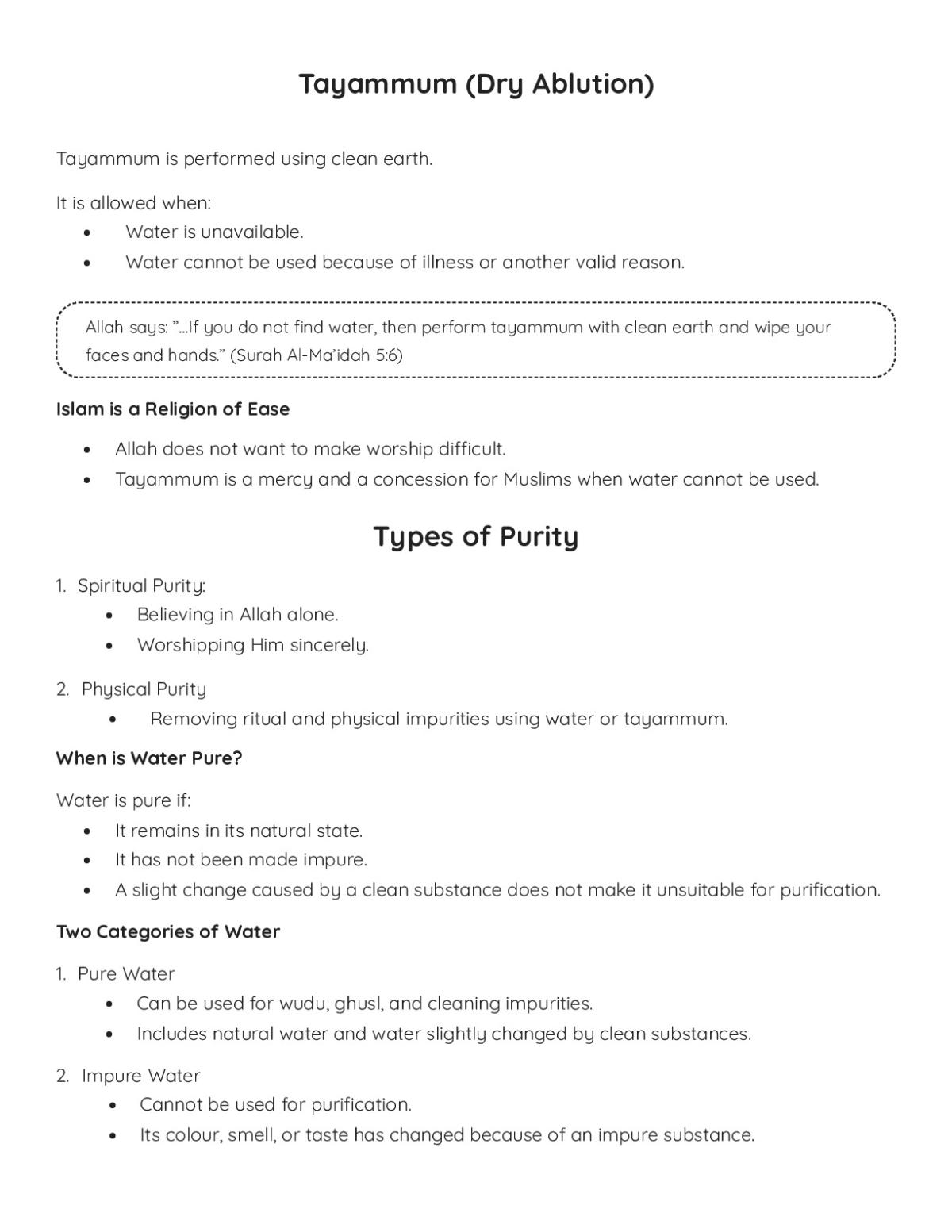 Printable Islamic education worksheet on tayammum and ritual purity with categorization exercises and error-correction questions.