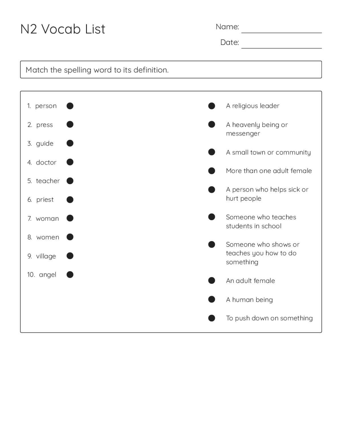 Printable 4th grade vocabulary matching worksheet with 20 words and their definitions, including person, guide, and confess.