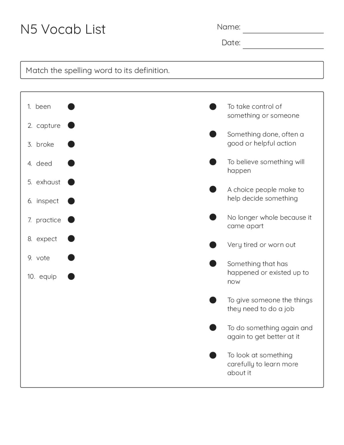 Printable 4th grade matching worksheet with 20 vocabulary words and their definitions to match.