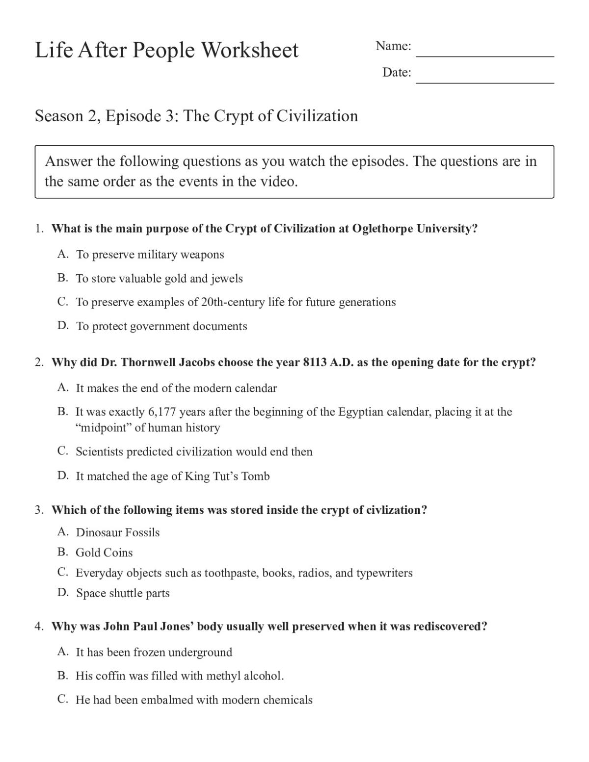 Printable 9th grade science worksheet with comprehension questions about the Life After People documentary episodes on preservation and decomposition.