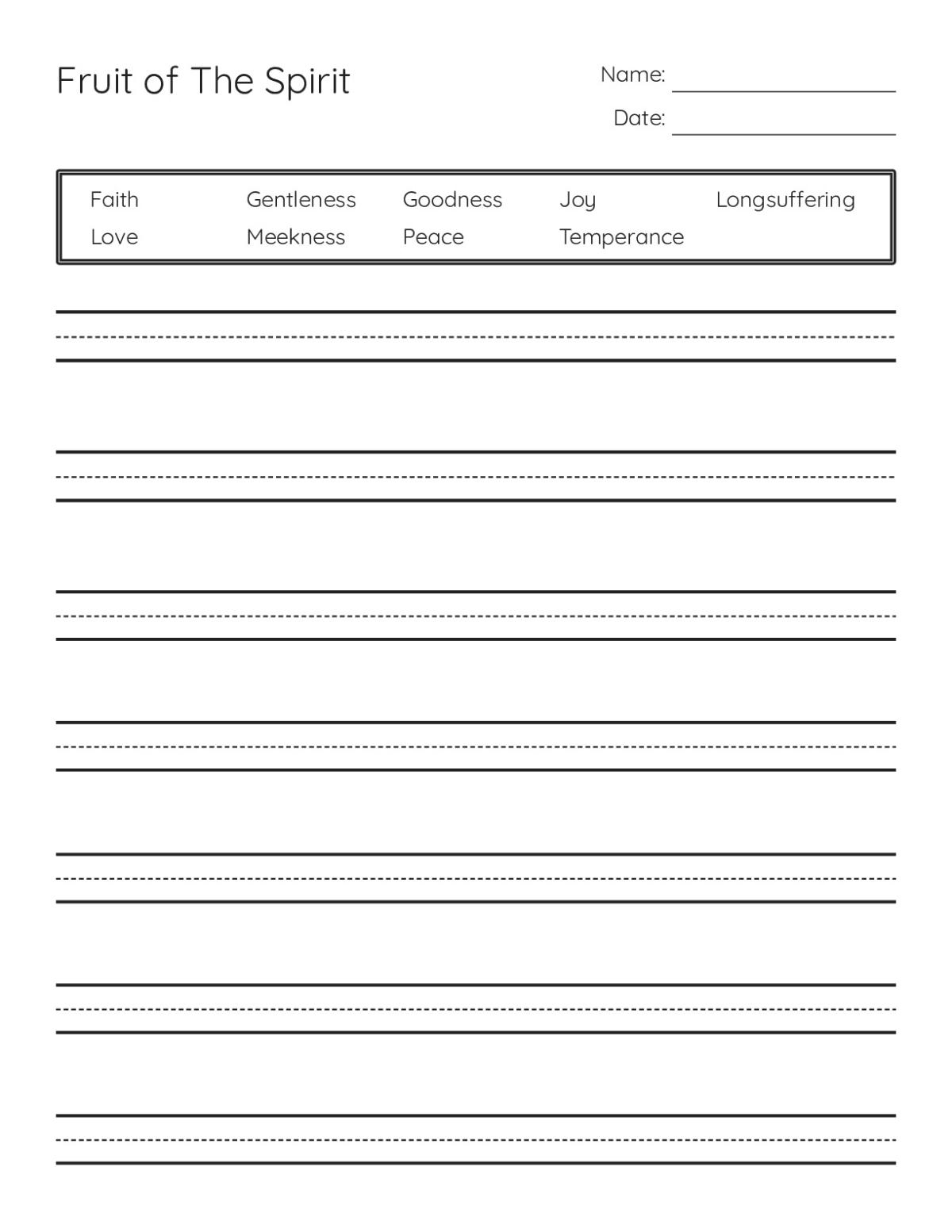 Printable Christian handwriting worksheet with nine Fruit of the Spirit words: Love, Joy, Peace, Longsuffering, Gentleness, Goodness, Faith, Meekness, Temperance.