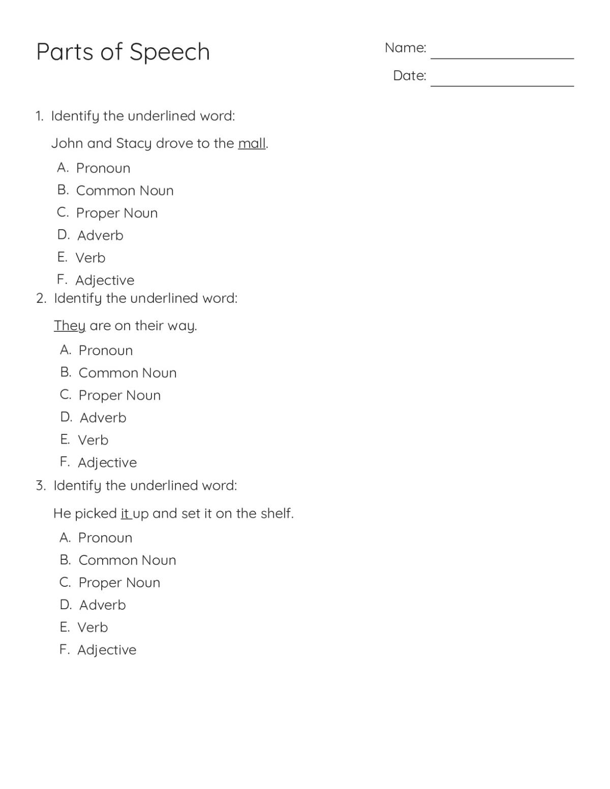 Printable 6th grade grammar worksheet with multiple-choice questions identifying nouns, pronouns, verbs, adjectives, and adverbs.