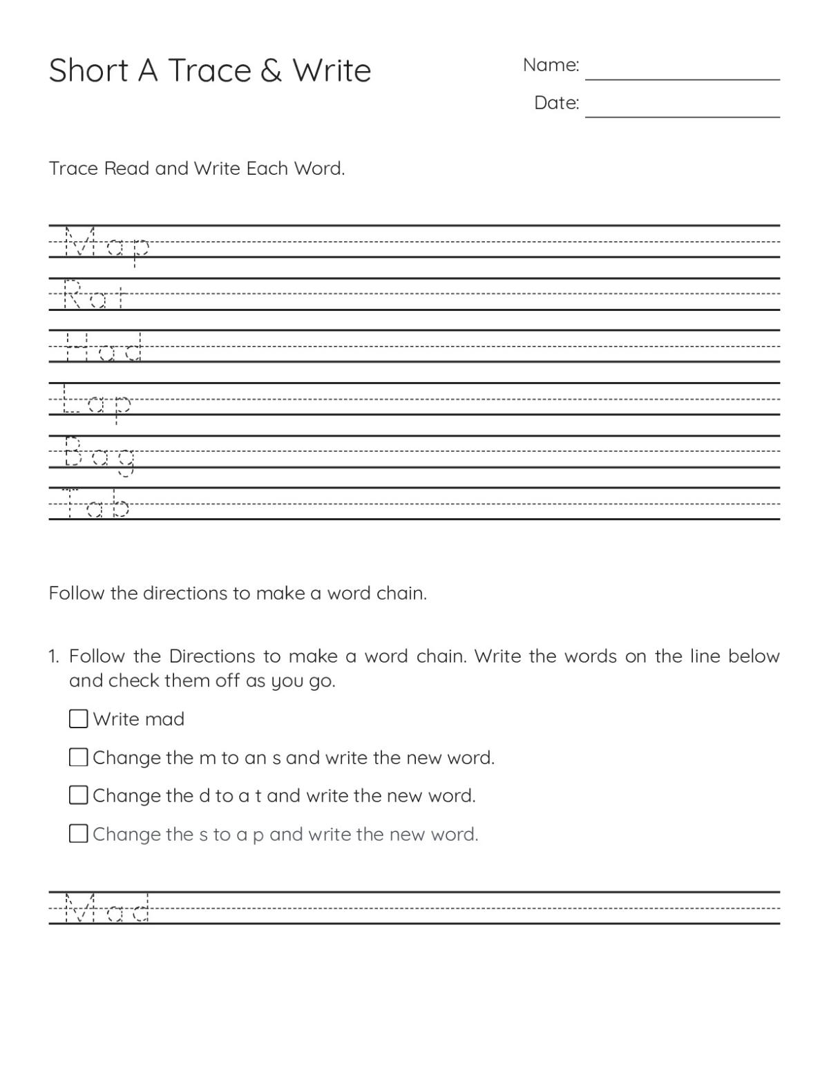 Handwriting worksheet for Kindergarten and 1st Grade with short-A words, tracing practice, and word-chain activities.