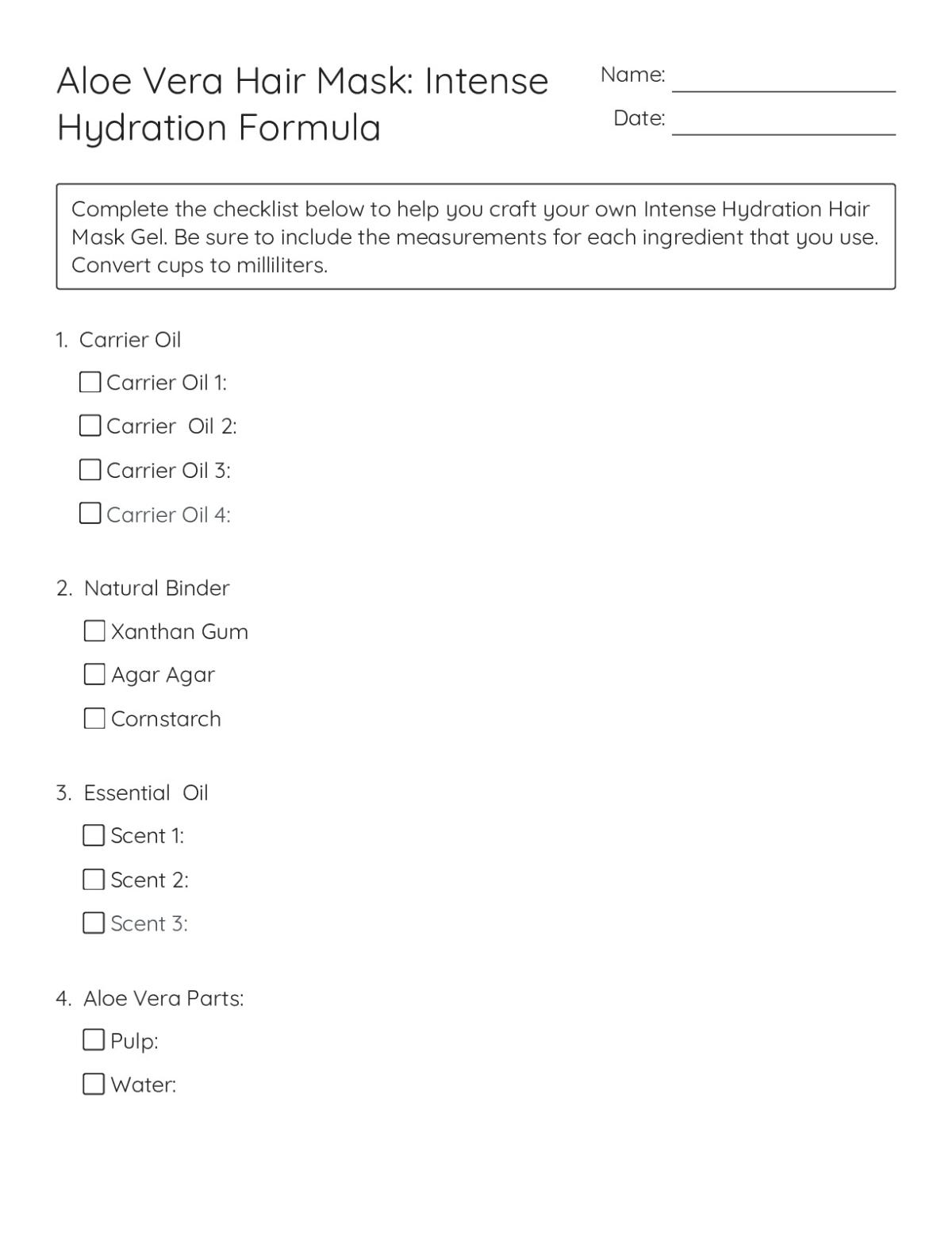 Printable chemistry worksheet showing a checklist for formulating an intense hydration hair mask gel with carrier oils, binders, and essential oils.