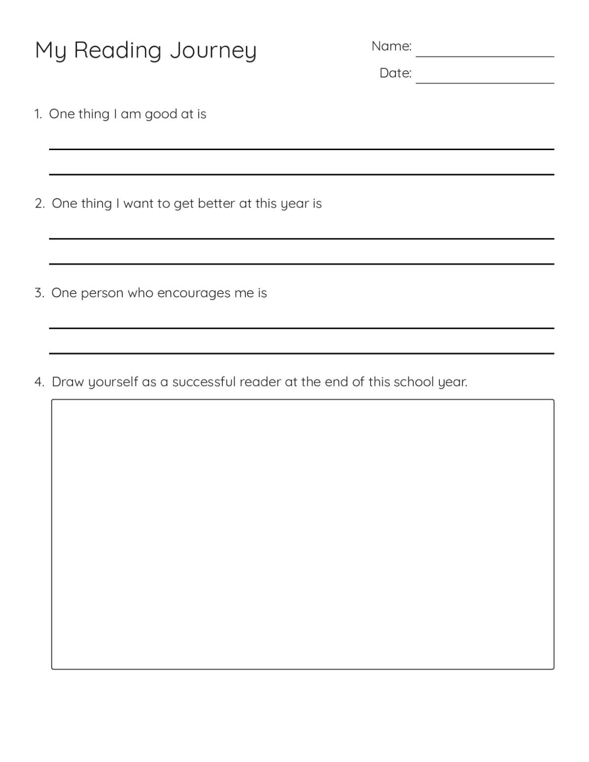 Printable reading reflection worksheet with prompts for Grades 6–8 students to identify strengths, goals, and draw themselves as successful readers.