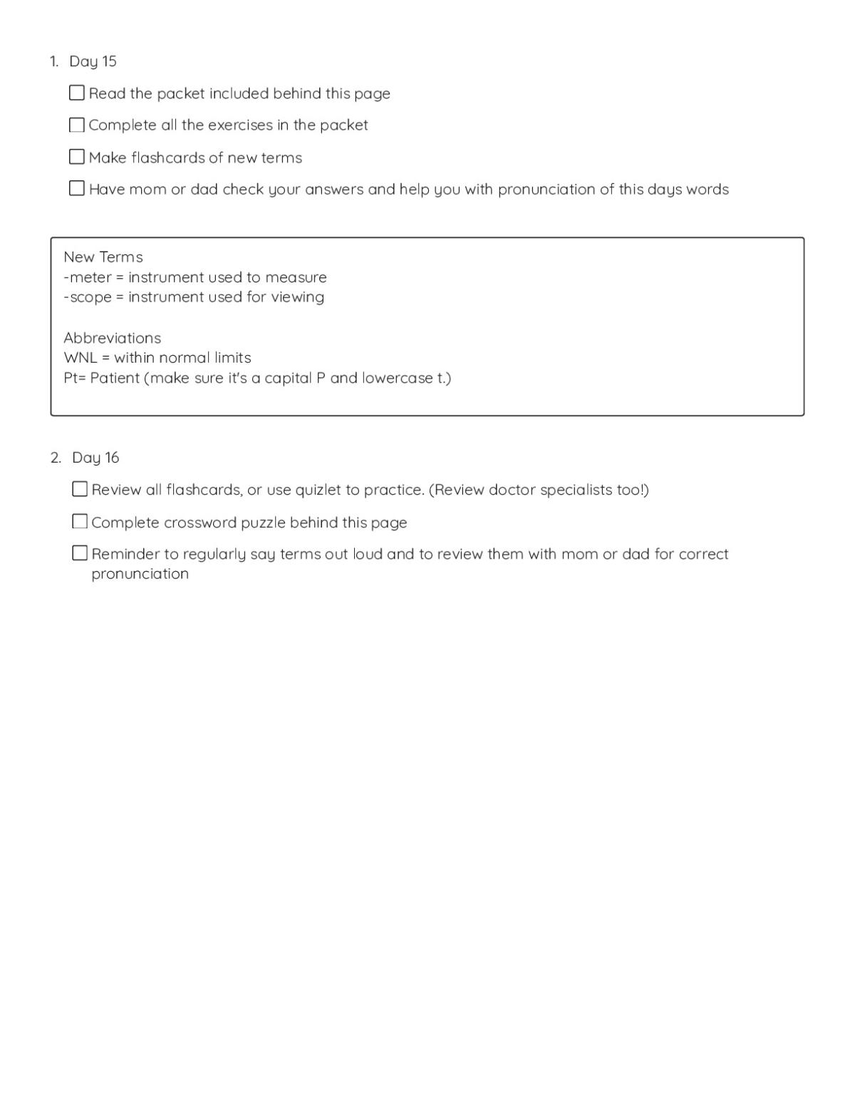 Printable medical terminology checklist with vocabulary study activities, flashcard instructions, and crossword puzzle for high school students.