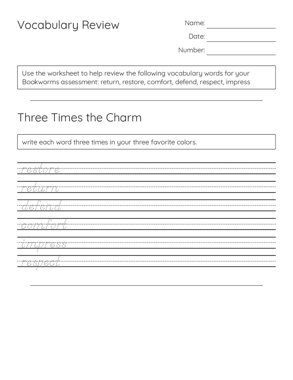 5th grade vocabulary worksheet with multi-sensory activities: handwriting practice, voice exercises, picture-drawing, and syllable segmentation.