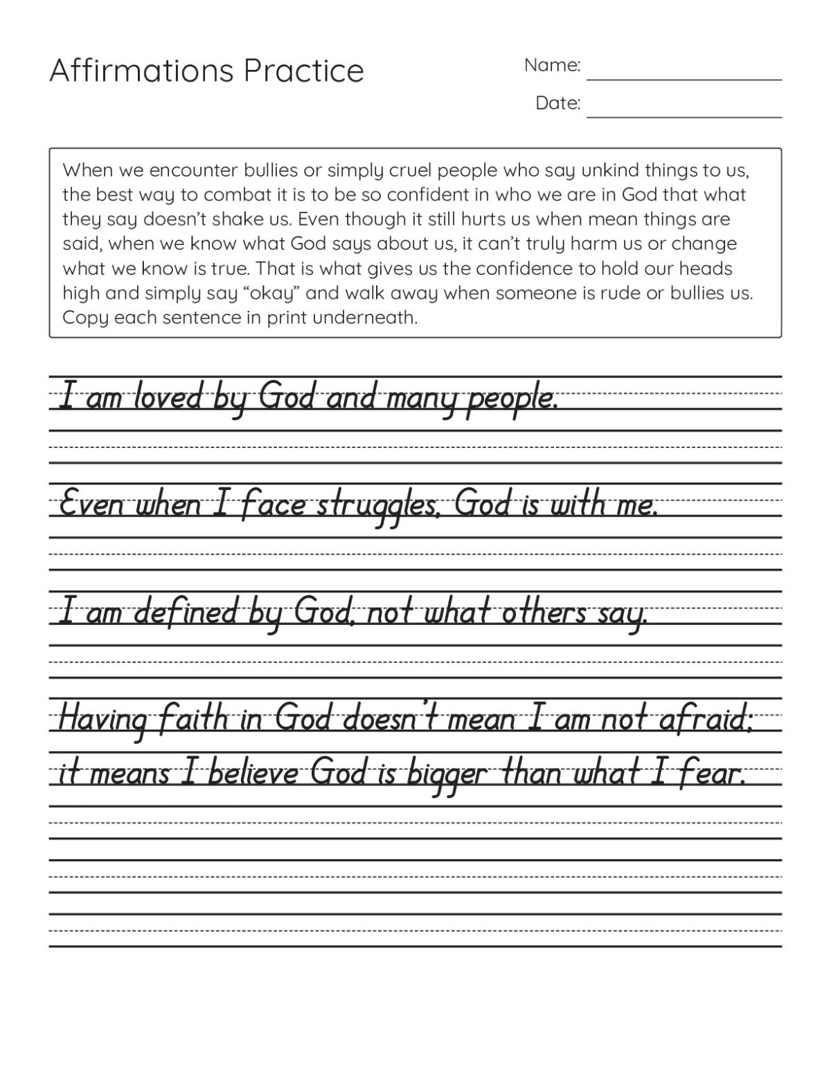 Printable Christian affirmations handwriting worksheet with statements about God's love and faith for middle and high school students.