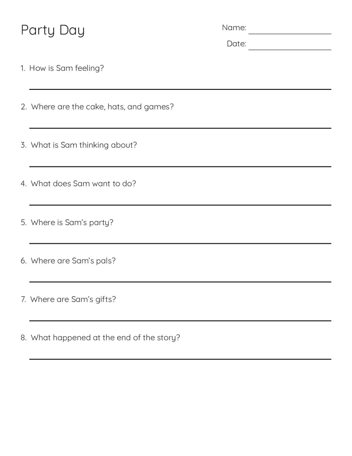 Printable 3rd grade reading comprehension worksheet with eight questions about a story called "Party Day."